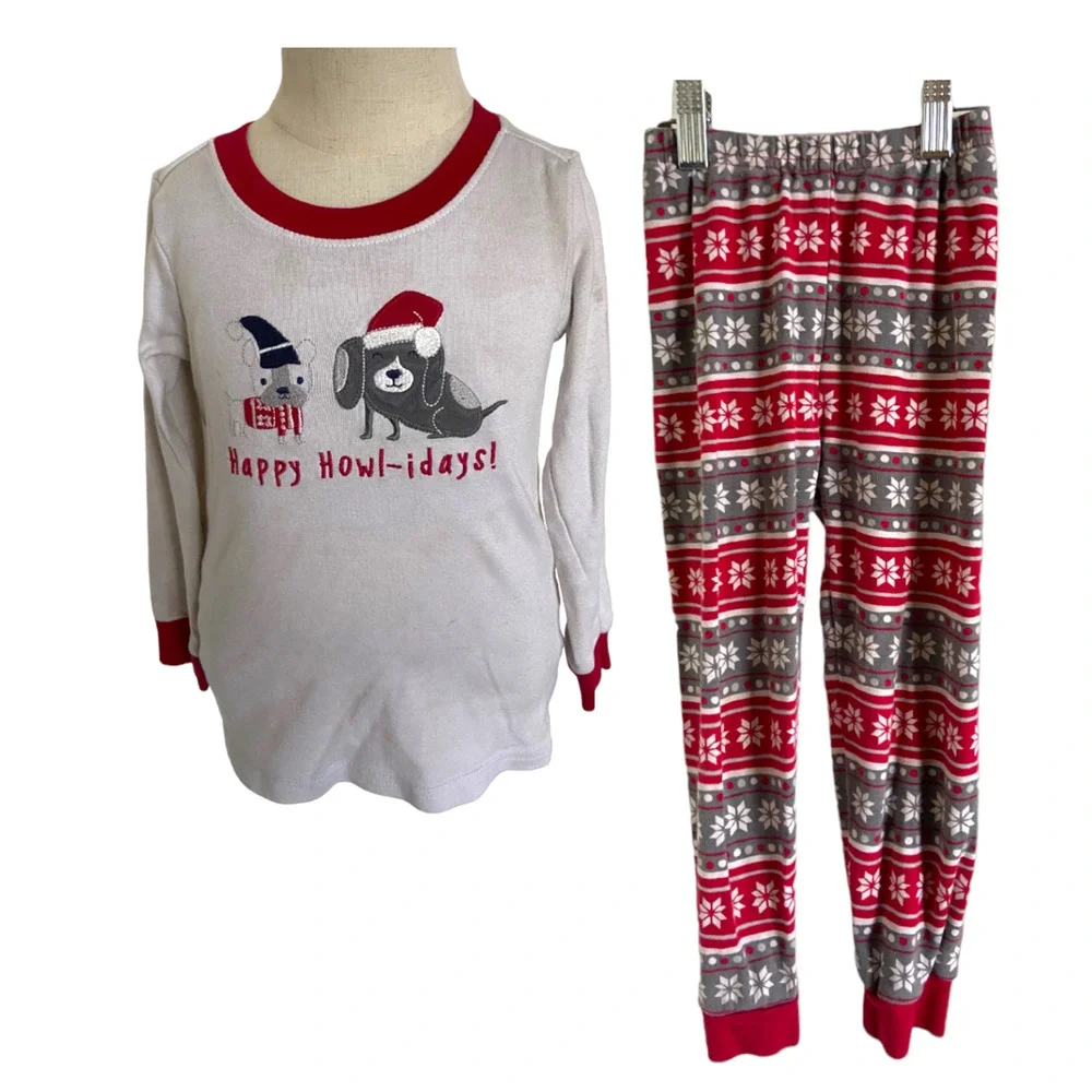 Gymboree Unisex Pajamas Sz 4 Gymmies‎ Howl-idays 2 Pc Red Gray White Dogs